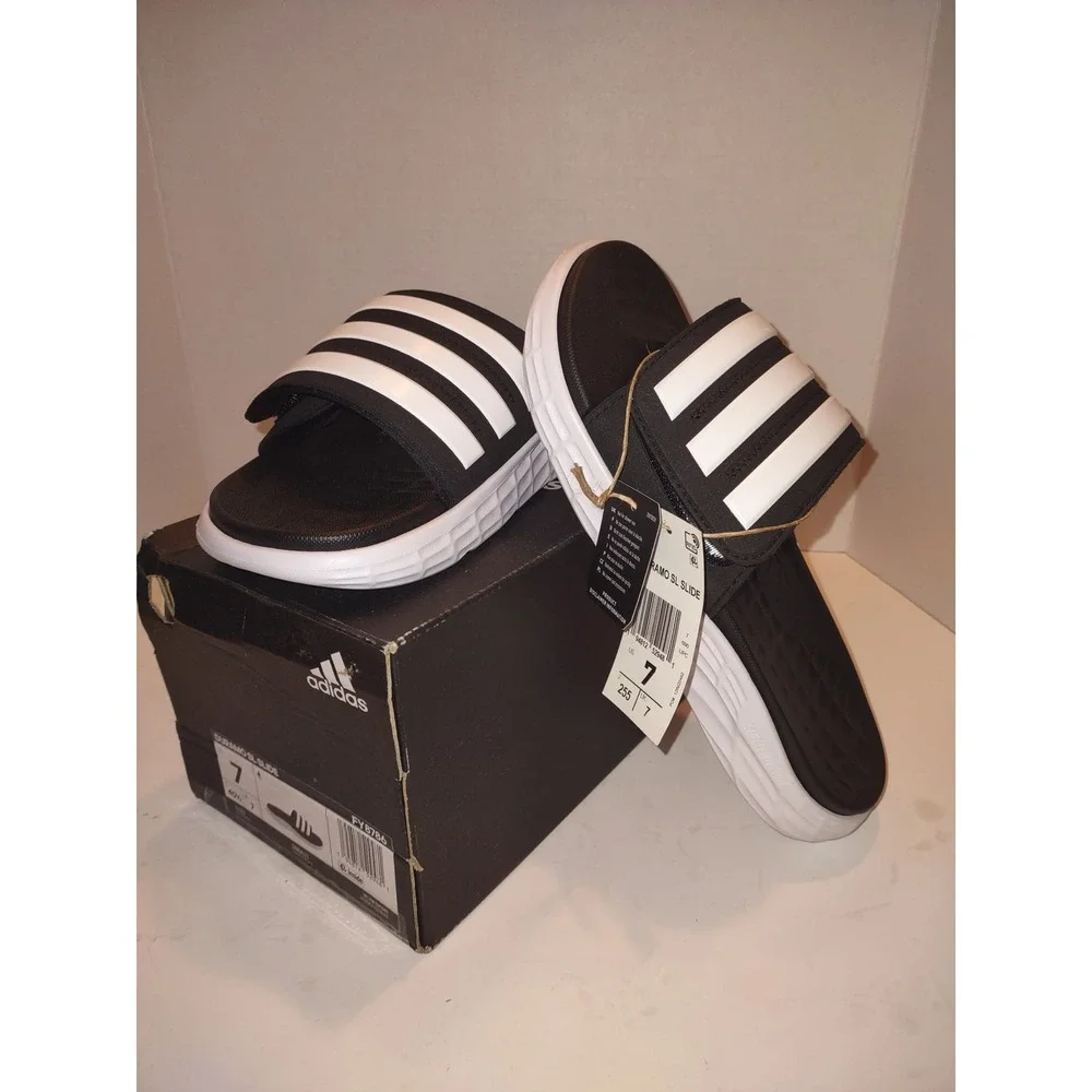 Adidas Duramo SL Slide Sandals Black White Mens Size 7 NEW NIB Athletic FY8786